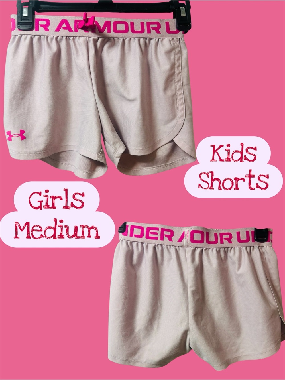 Under Armour Girls Light Pink Athletic Shorts with Pink Logo Waistband Medium